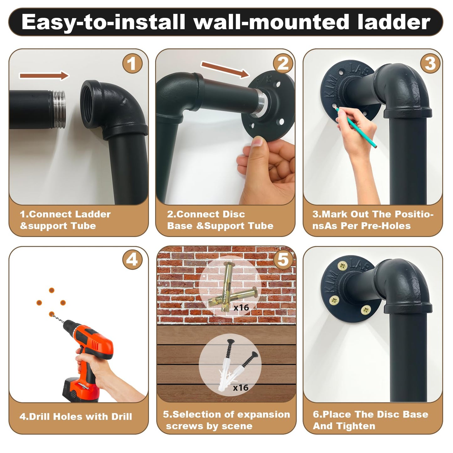 3/4/5/6/7/8FT Black Wall Mounted Steel Ladder, 5-Step Egress Ladder for Window Well, Loft, Bunk Bed, Camper, RV | Floor/Wall Mounted Indoor Safety Climb for Bedroom, Basement, Gym, Dorm & Small Spaces