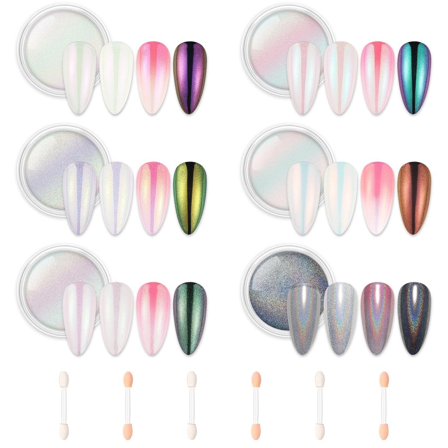 AIMEILI Pearl Chrome Nail Powder, Vegan, Cruelty Free, 6 Colors Aurora Metallic Holographic Mirror Effect Nail Art Pigment Iride