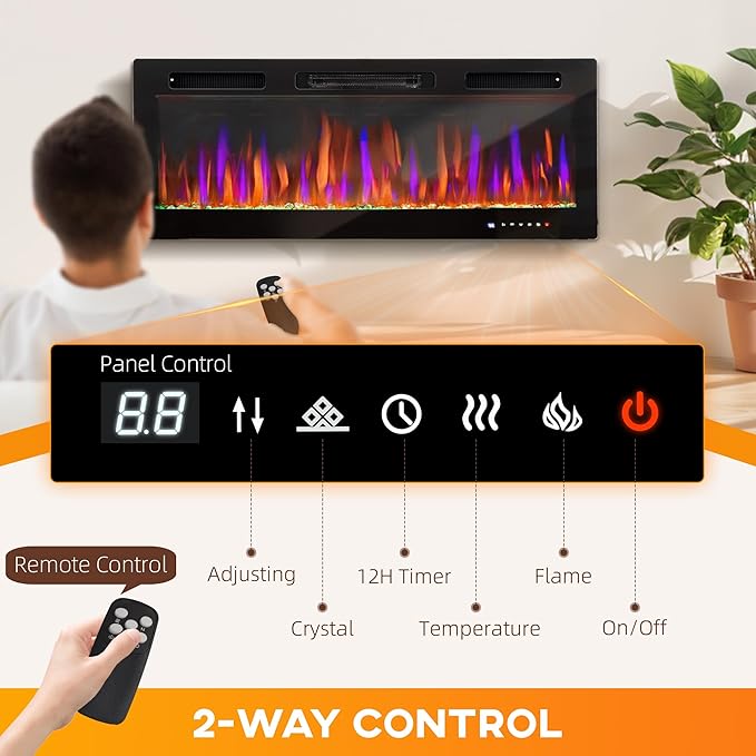 HOMCOM 50" Electric Fireplace Recessed and Wall Mounted with Remote, 750W/ 1500W Ultra-Thin Fireplace Heater and Linear Fireplace with Timer, 12 Color Flame Effect, Crystal, Black