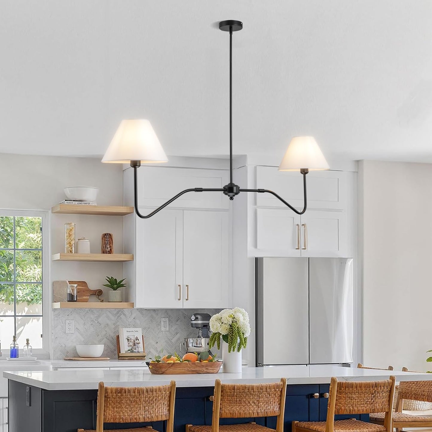 Jsdorsy 2-Light Modern Linear Chandelier For Dining Room  55 Inch Farmhouse Kitchen Island Lighting With White Fabric Shades  Hanging Lighting Fixtures For Living Room Bedroom