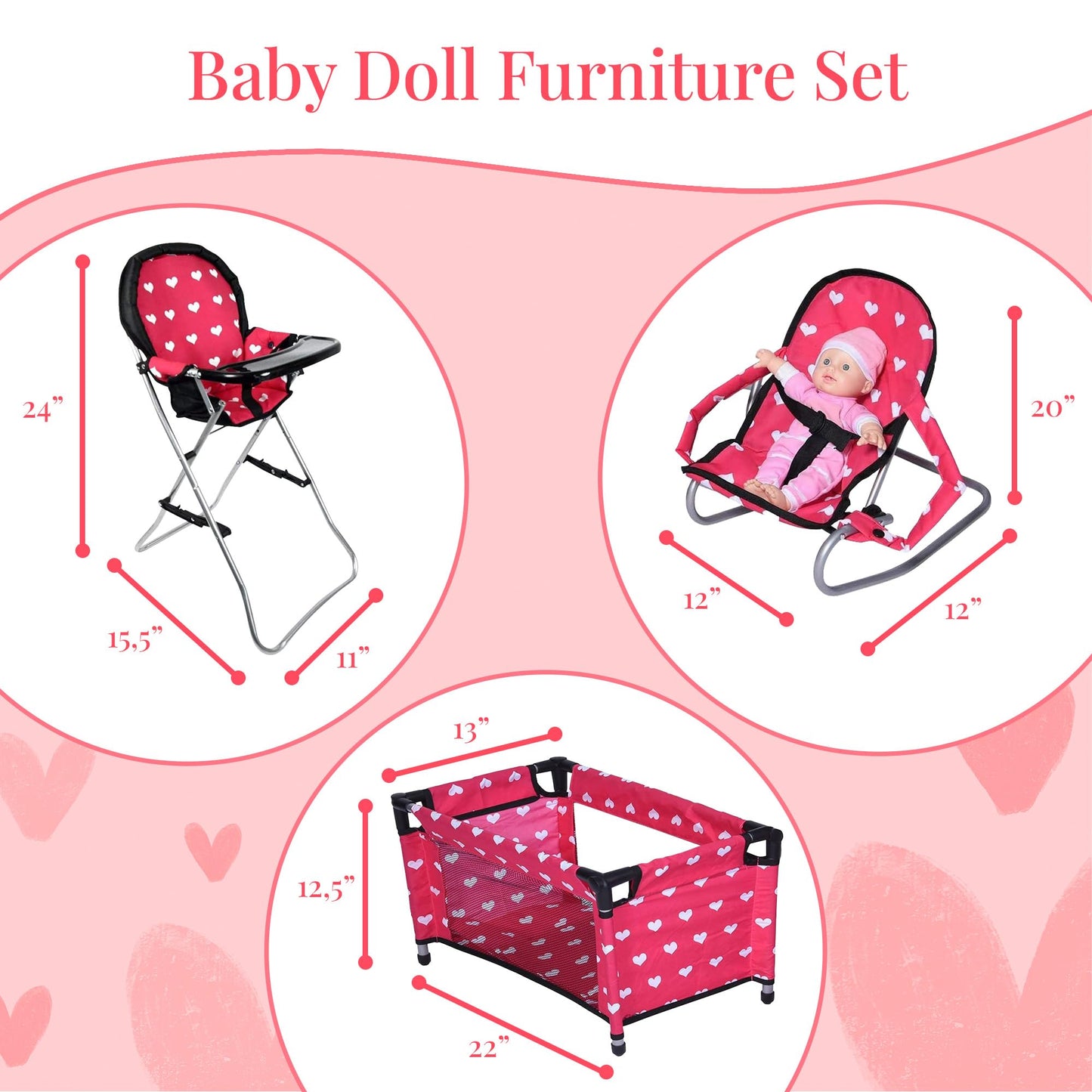 Mega Baby Doll Accessories Set, 3-1 Baby Doll Crib, Baby Doll High Chair & Bouncer Seat. 18 inch Doll Accessories with Doll Bed. 18" Dolls Furniture Play Stuff. Toys for Girls Ages 3-5,4-6,5-7,8-10