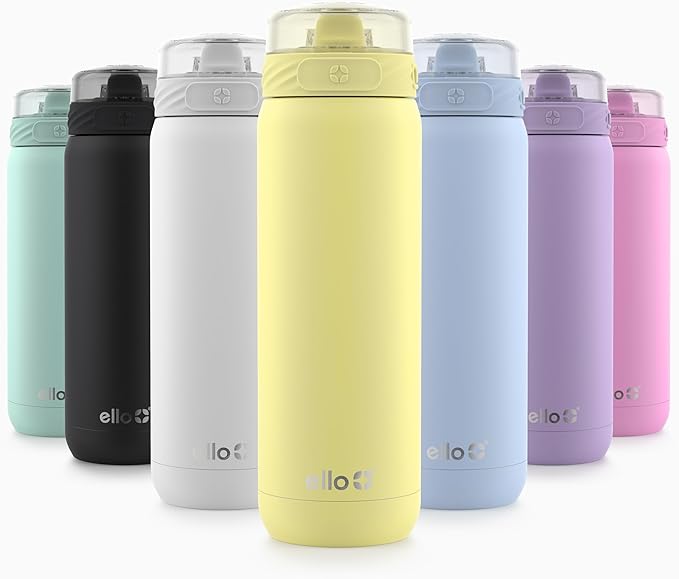 Ello Cooper 32oz Stainless Steel Water Bottle with Straw and Carry Handle, Double Walled and Vacuum Insulated Metal, Leak Proof Locking Lid with Soft Silicone Spout, Reusable, BPA Free, Lemonade