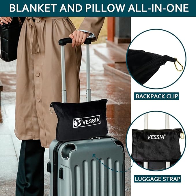 Vessia Travel Blanket for Airplane, Train and Car, Warm and Soft Travel Blanket and Pillow 2 in 1 for Adults and Kids, Portable Compact Long Flight Blanket with Luggage Sleeve, Backpack Clip(Black)