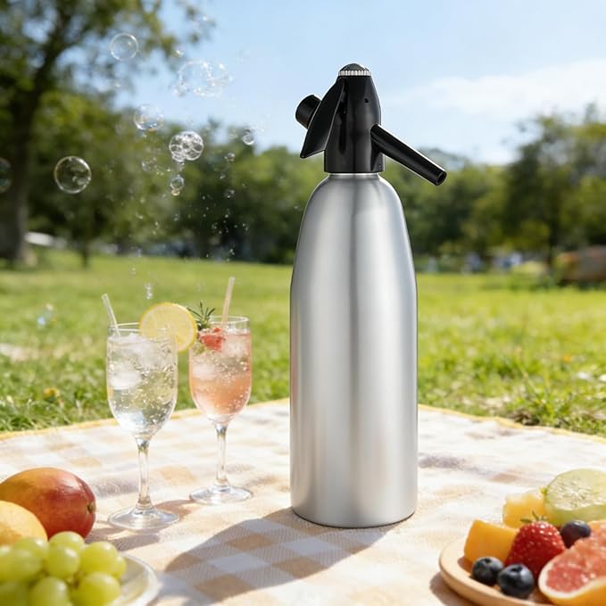 1L Portable Soda Siphon – Aluminum Home Soda Maker, Silver Vintage Seltzer Bottle for DIY Carbonated Drinks, Sparkling Water Maker for Healthy Cocktails, Use 8 gram CO2 Cartridges (Not Included)