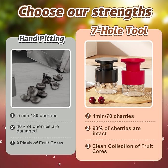 Cherry Pitter - Quick Release Multi Cherries Stoner Pitter 7-in-1, Push Button Cherr'y Core Pit'ter Tool Multiple with Splatter Protector, Pit Seed Remover for Making Jam Cherry Dishes (Balck-7 Holes)