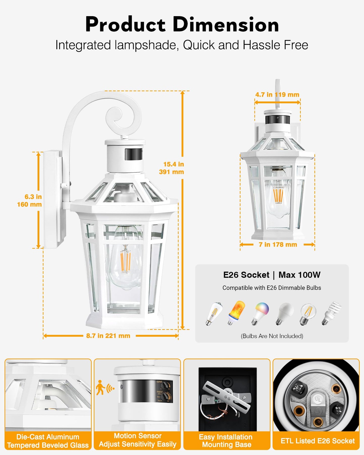 Opaxis Motion Sensor Outdoor Wall Lantern  White Outdoor Lighting Fixtures Wall Mount  Dusk To Dawn Exterior Sconce Lights With Beveled Glass  Waterproof Exterior Front Porch Lights For Garage  Coach