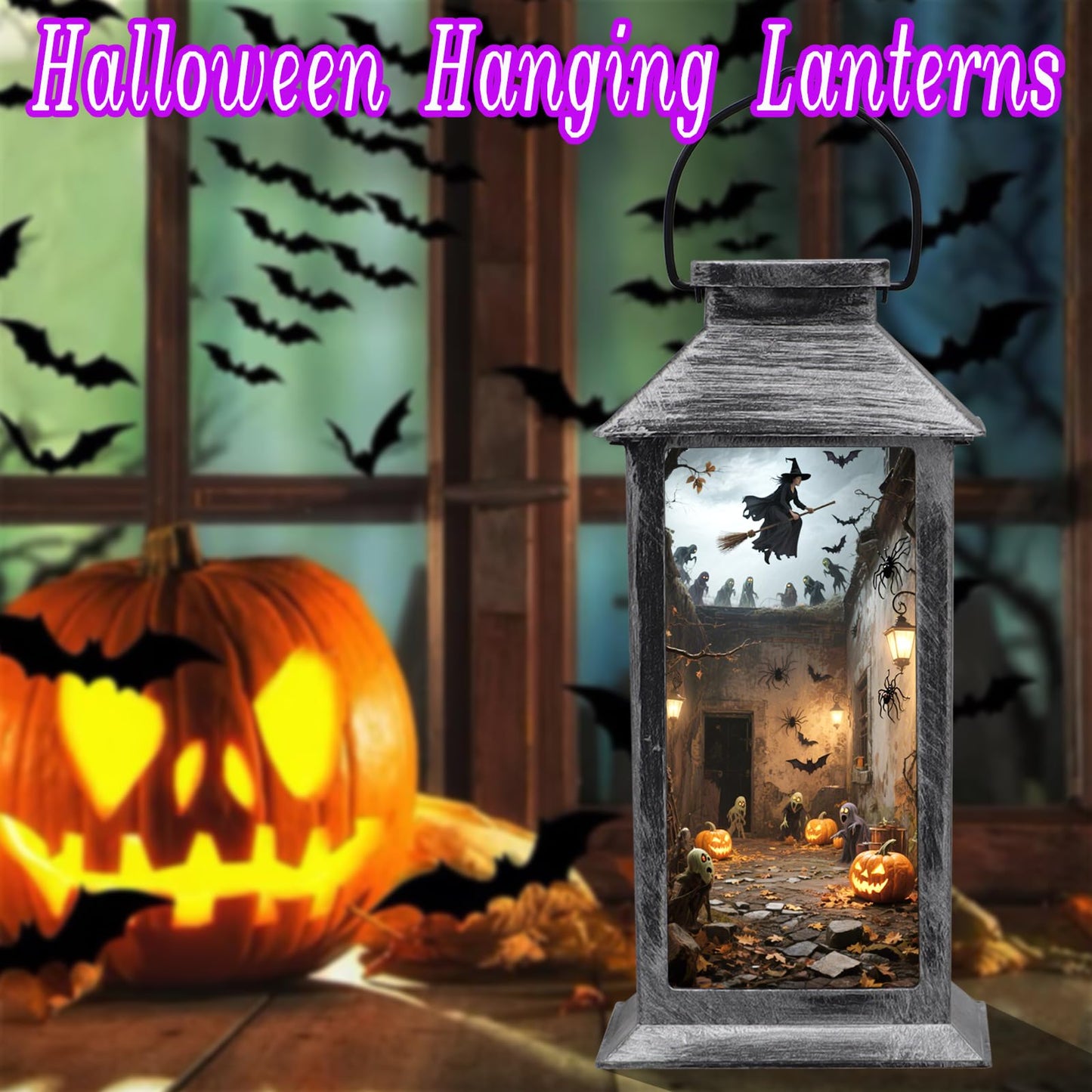 Halloween Decorations Outdoor Solar Lanterns Hanging Ghosts Solar Lantern Party Decorations Halloween Decor Gifts For Porches Yards Gardens Lawn(Castle Witch And Ghost Pumpkin)