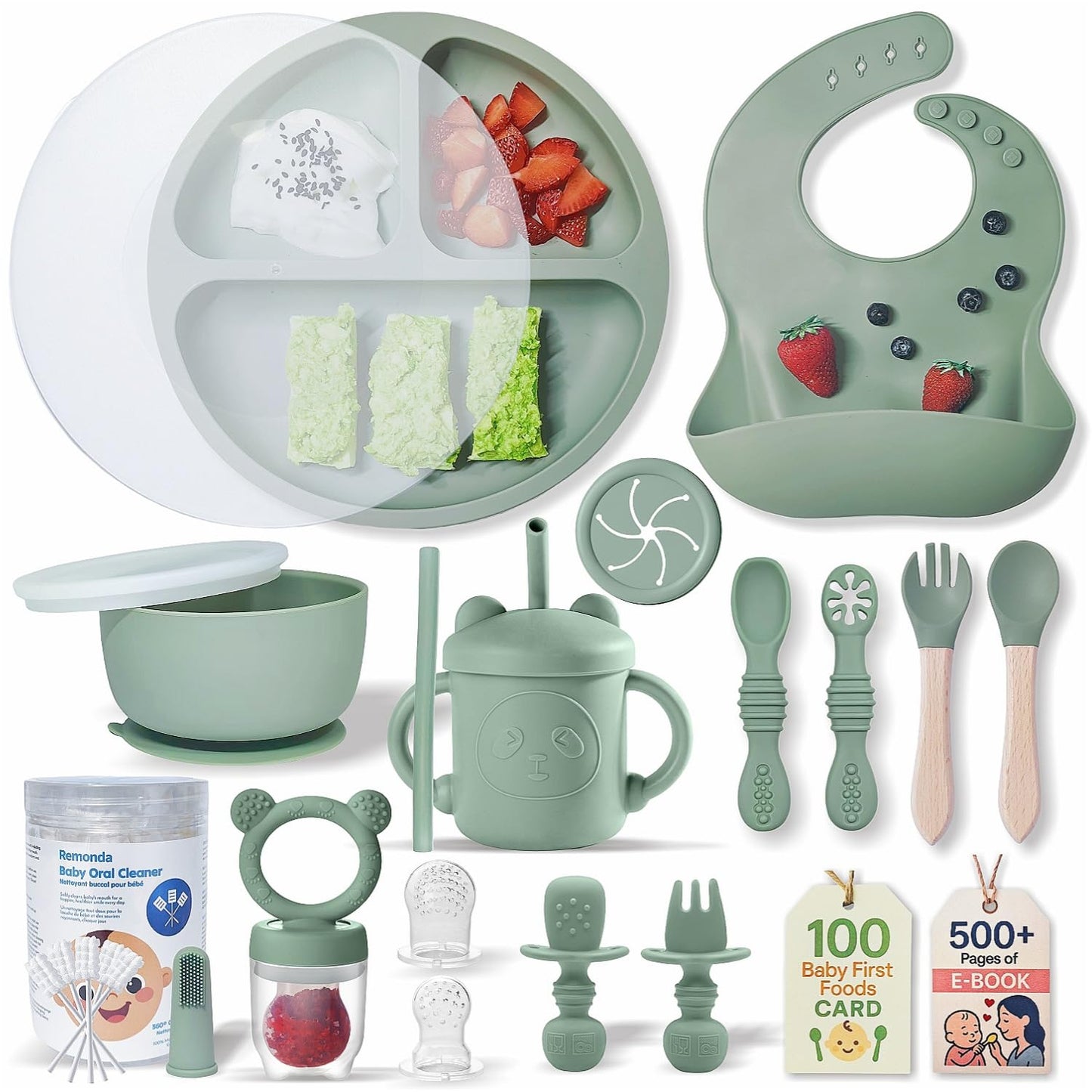 Remonda 23-Piece BPA-Free Silicone Baby Feeding Set | Extra Large Suction Plates, Toddler Bowls, Self Feeding Spoons, and More | Dishwasher Safe| Baby Led Weaning Supplies (Green)