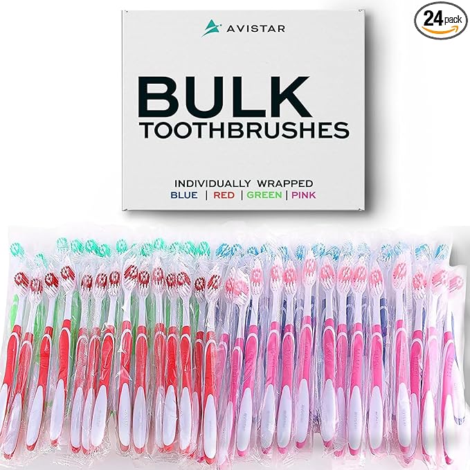 Bulk Toothbrushes Pack - 24 Individually Wrapped Toothbrushes Bulk for Travel, Hotels, AirBnB Guests, Relief Missions, and Donations - Bulk Disposable Toothbrush Pack Adults and Kids
