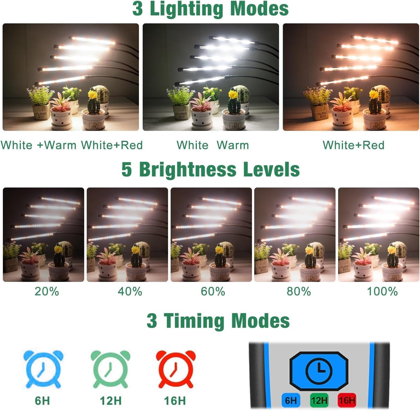 Garpsen Grow Lights for Indoor Plants, 2Pack 100 LEDs Full Spectrum with Timer, 6000K, Adjustable Stand, Silver