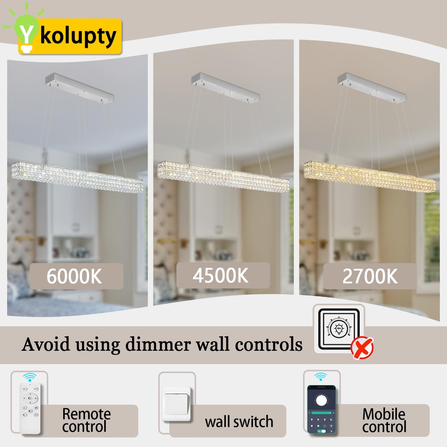 ykolupty Crystal Chandeliers - Modern Rectangular Pendant Light 48in Silver TP3009-CT-120Y for Dining Room, Kitchen Island