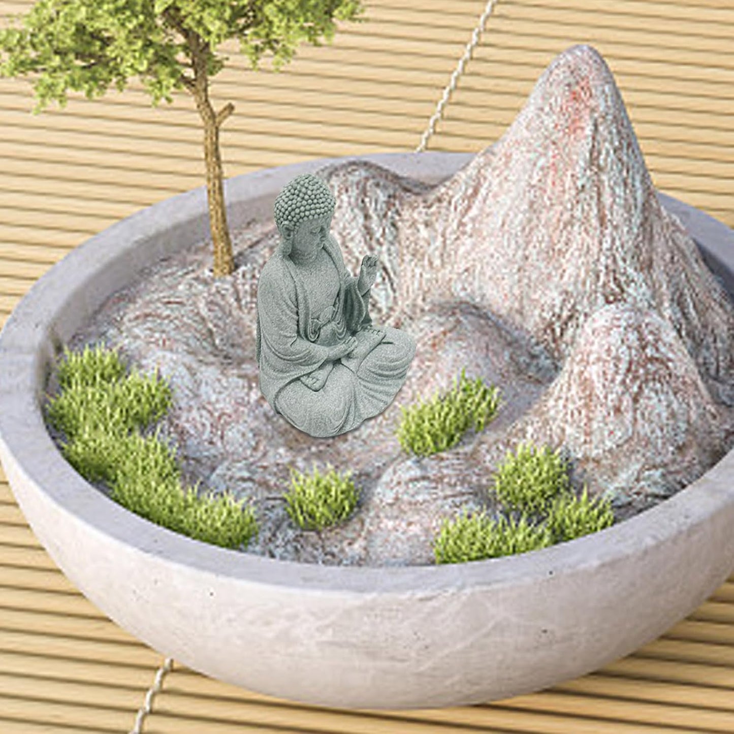 VIKKSAER 2Pcs Micro Buddha Statue Decorations for Asian Garden Underwater Landscaping Home Zen Decor, Small Meditating Sandstone Buddha Statues, Micro Landscape Ornament