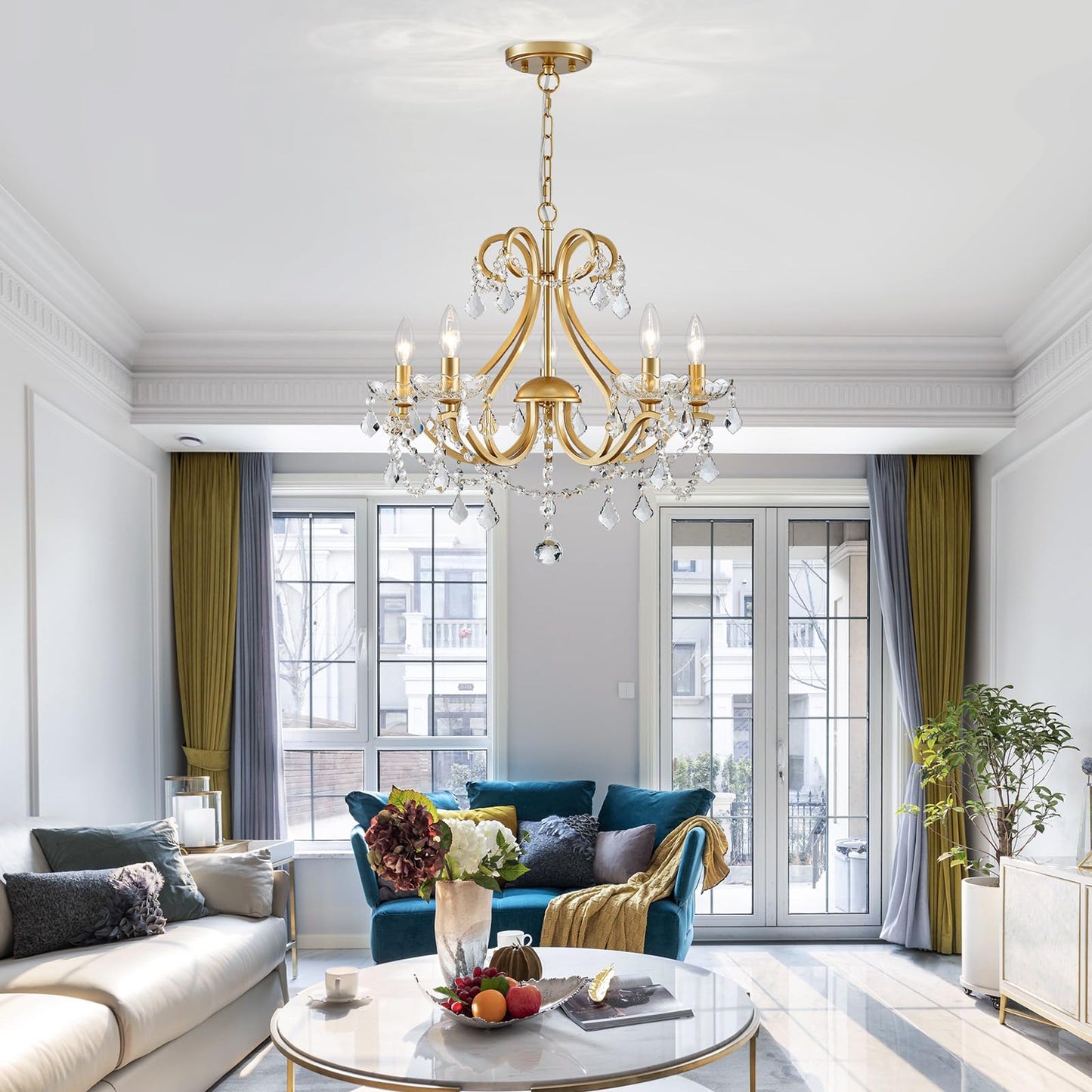 Wuzups Crystal 5-Light Candle Chandelier Pendant Flushmount Ceiling Light Modern Lighting Fixture For Bedroom Hallway Bar Kitchen Bathroom  H 20.9 X W 21.7  Gold  E12 Base