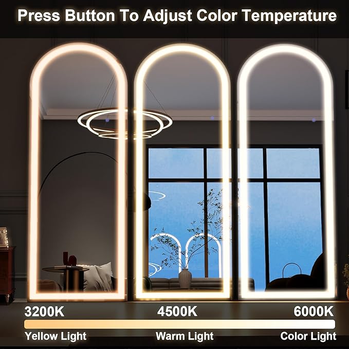 GLSLAND Arched LED Full Length Mirror 64" x 21" Arch Floor Body Standing Mirror with Lights Dimming Wall Mounted Hanging Floor Mirror for Bedroom