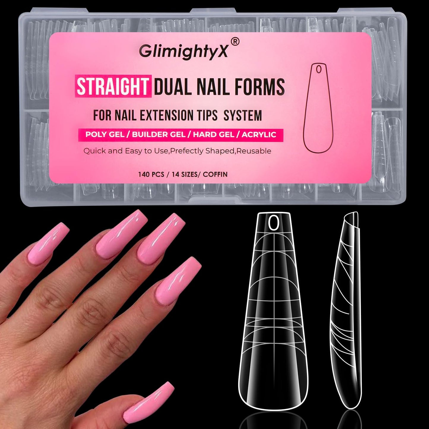 Flat Polygel Nail Forms Coffin,GlimightyX Straight Built-in Apex Dual Forms Molds Reusable,Pre-designed French Guildelines Polyg