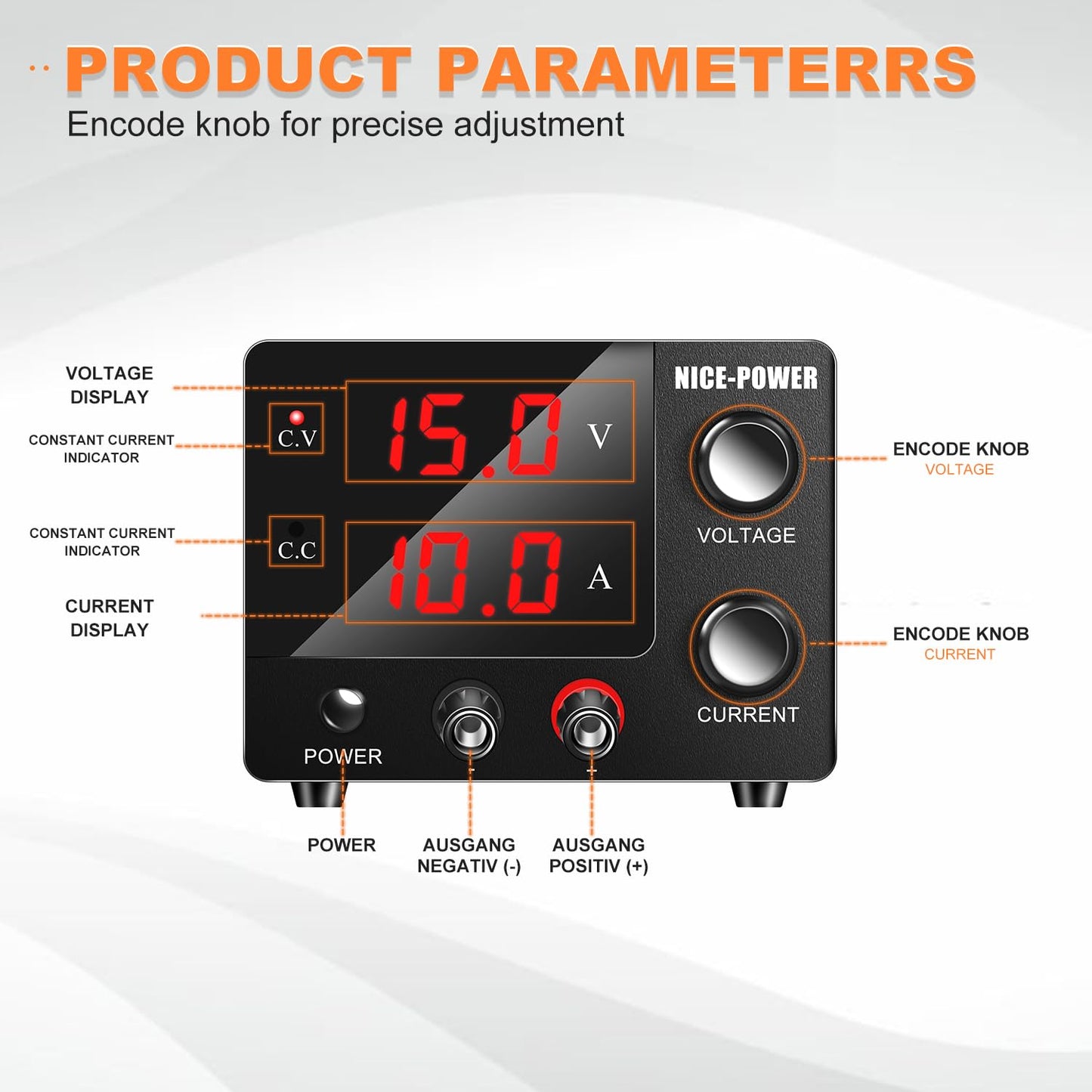 NICE-POWER DC Power Supply Variable 0~30V 0~10A, 3-Digits LED Display Current and Voltage Adjustable 150W Fixed with Encoder DC Bench Power Supply 15V 10A/30V 5A,Electroplating DIY etc DC Power Supply