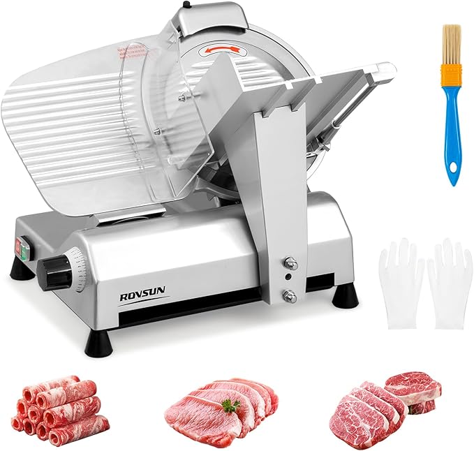 ROVSUN 12 inch Commercial Meat Slicer, 270W Electric Meat Slicer Machine, Frozen Meat Deli Cheese Food Slicer with Adjustable Thickness(0-18mm), Upgraded Carbon Steel Blade for Home and Commercial