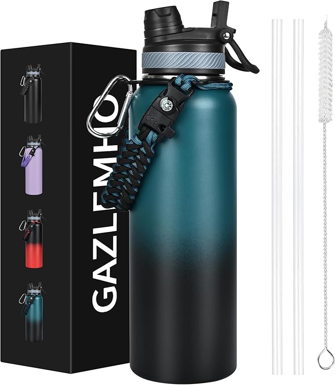 40 oz Insulated Water Bottle with Straw& Spout 2-in-1 Lid, Triple Wall Vacuum Stainless Steel Cold 48H, Leak Proof Sports Metal Flask Jug with Paracord Handle, Indigo Black