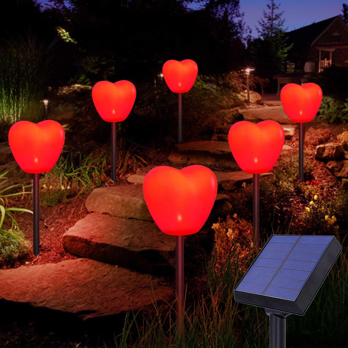 Abkshine Set of 6 Solar Red Heart Stake Lights for Valentines Day Decor, Outdoor Waterproof Heart Shaped Light for Garden Pathway Flowerbed Cemetery Grave Porch Walkway Valentine's Theme Decorations