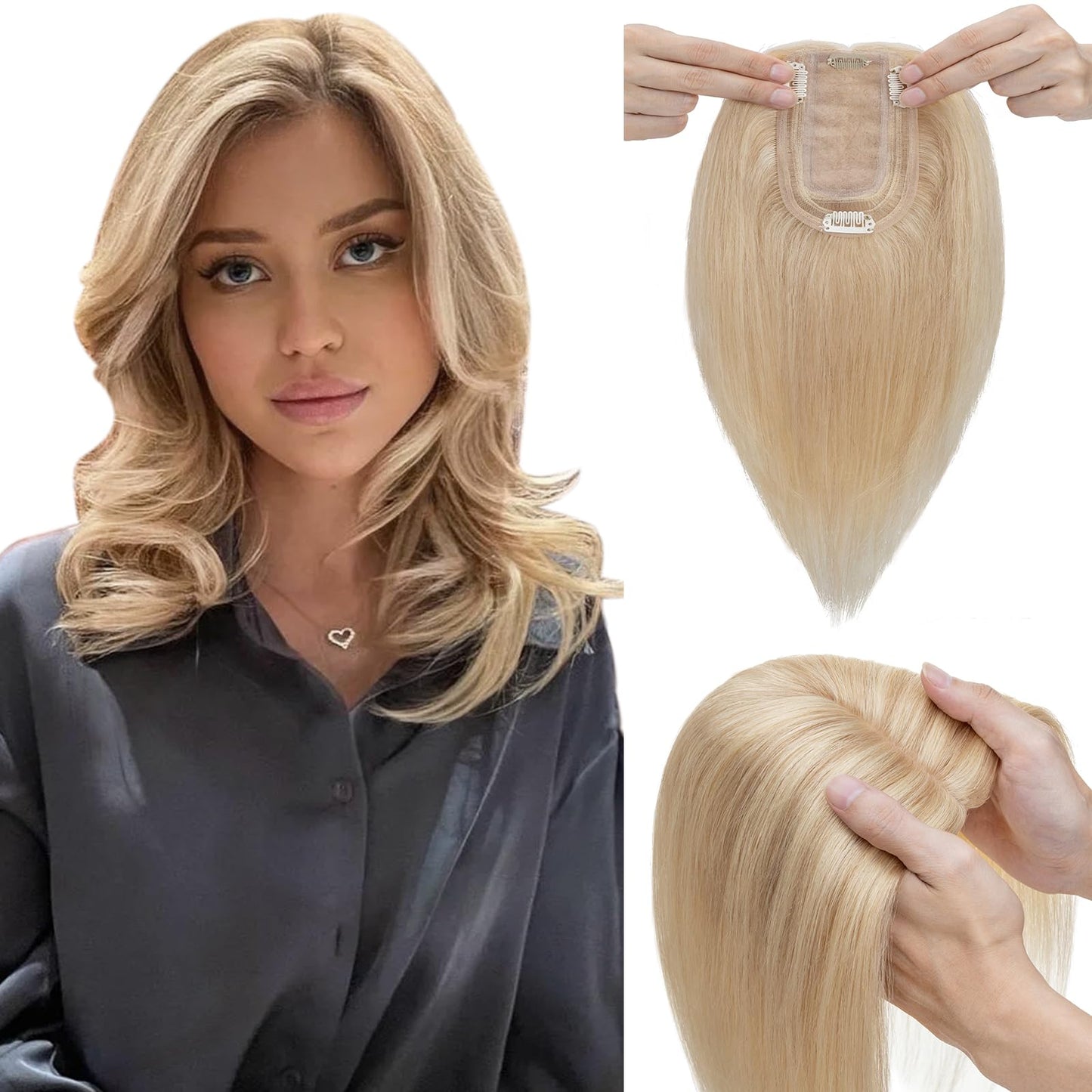 Elailite Hair Toppers for Women Real Human Hair Topper Thinning Thin 5.1x2.8 Silk Base Clip in Remy Hairpieces 10 Inch Sandy Blo