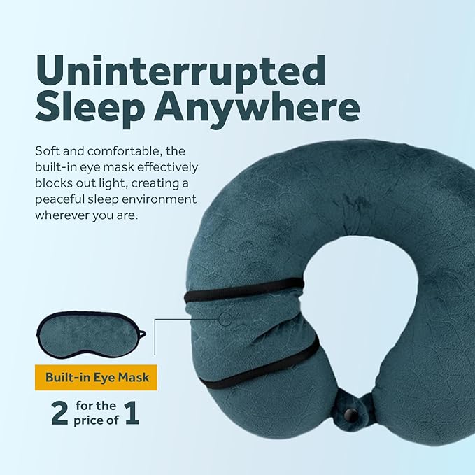 Pursonic Memory Foam Neck Pillow with Eye Mask - Ergonomic Travel Pillow, Breathable Fabric, Compact & Portable, Available in Purple, Teal, Grey (Purple)