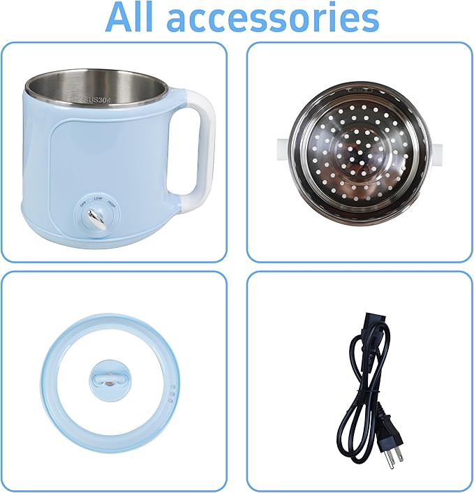 Hot Pot Electric with Steamer，2.0 L Ramen Cooker，Mini Portable Hot Pot for Cooking,Pasta, Shabu-Shabu, Oatmeal, Soup and Egg, Electric Cooker for Dorm, Office（Blue）