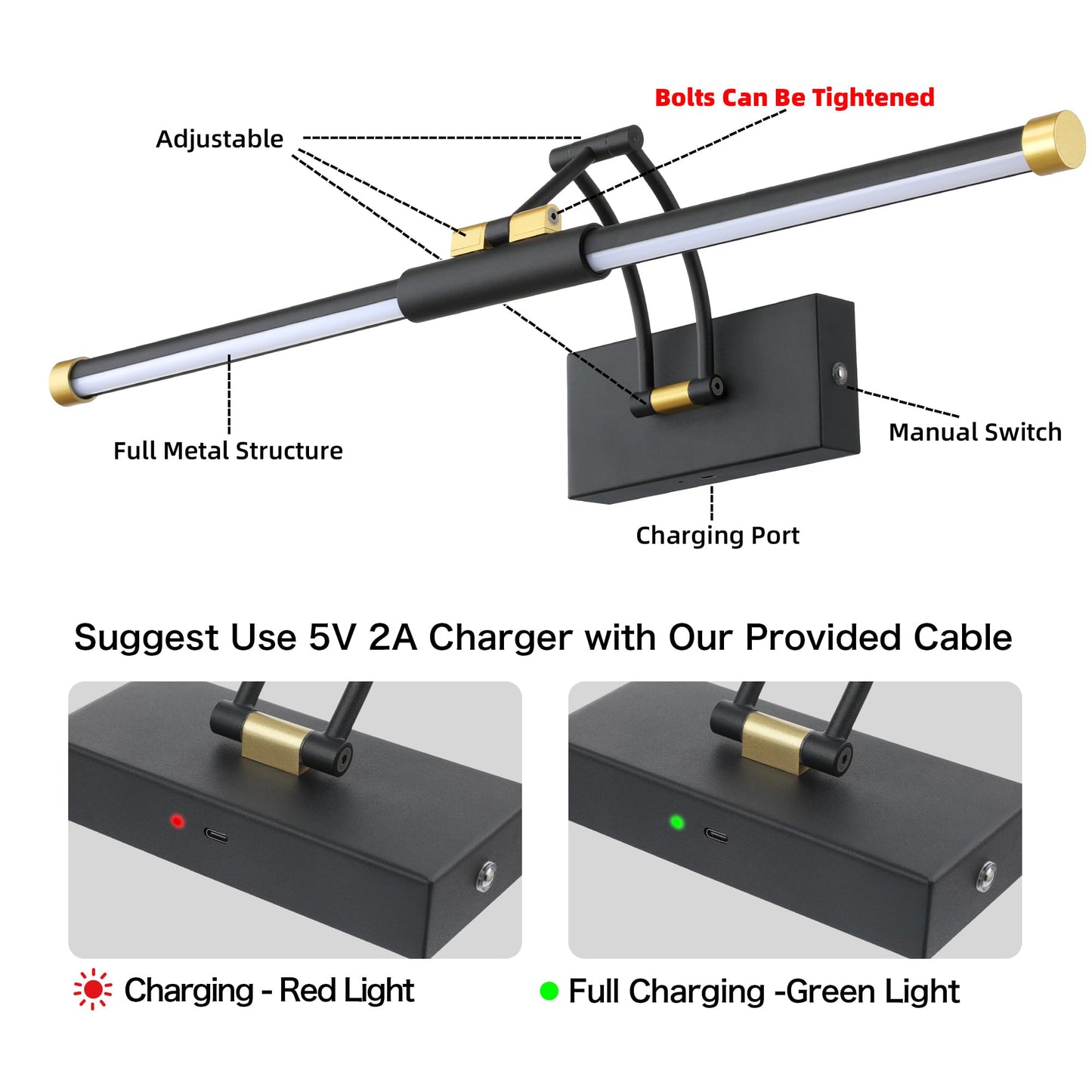 24 Picture Lights For Wall Battery Operated  Wireless Picture Lights With Remote  Rechargeable Wall Light 3000K/4000K/6000K Dimmable  Art Lighting For discomfort-reducingtings Frame Gallery Dartboard  Black Gold