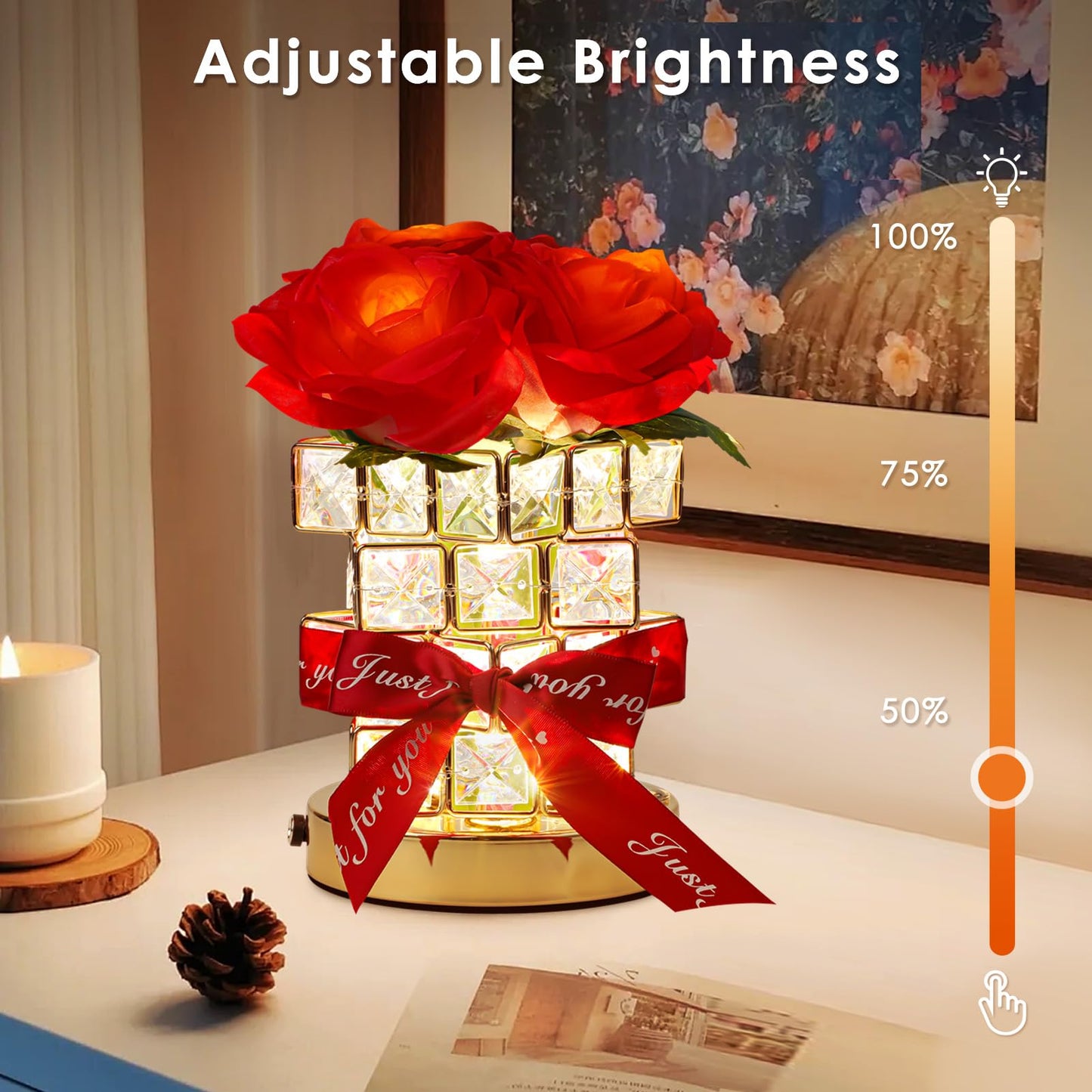 Rose Flower Table Lamp Gifts: For Women/MotherS Day/Mom/Grandma/Sister/Girlfriend  Battery Powered Small Night Light For Kitchen Bedroom Office Decor Rechargeable Cordless Touch Crystal Lamp