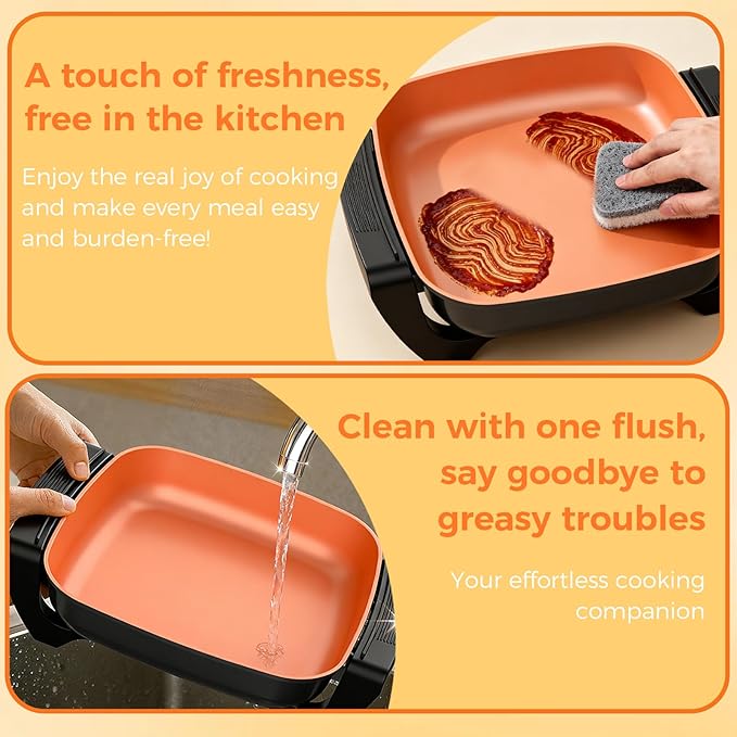 OSTBA Electric Skillet and Frying Pan with Glass Lid, 12"x12" Copper Nonstick Electric Pan for Cooking, 1500W Power, Cool Touch Handles, Adjustable Temperature, PTFE & PFOA Free