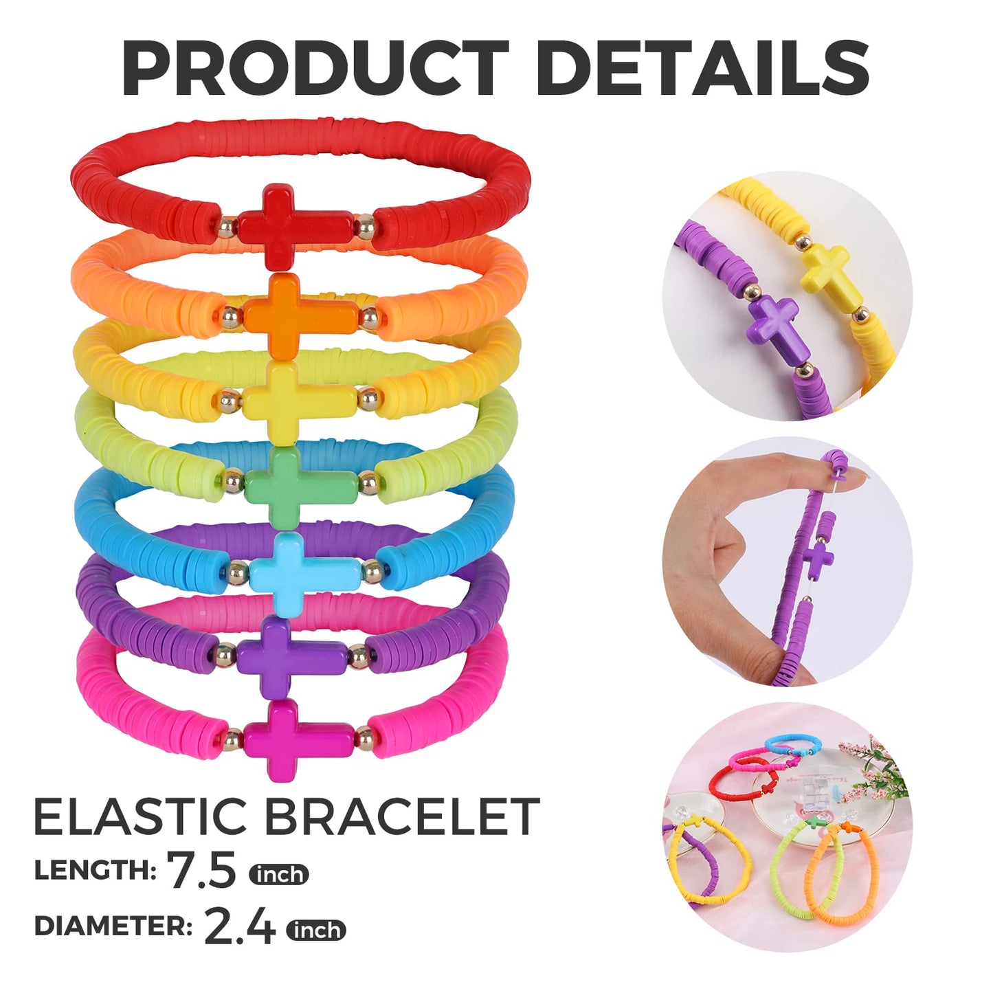 Rainbow Cross Beaded Bracelets for Women Cross Charm Bohemian Stackable Clay Beads Heishi Bracelets Set Colorful Religion Stretc