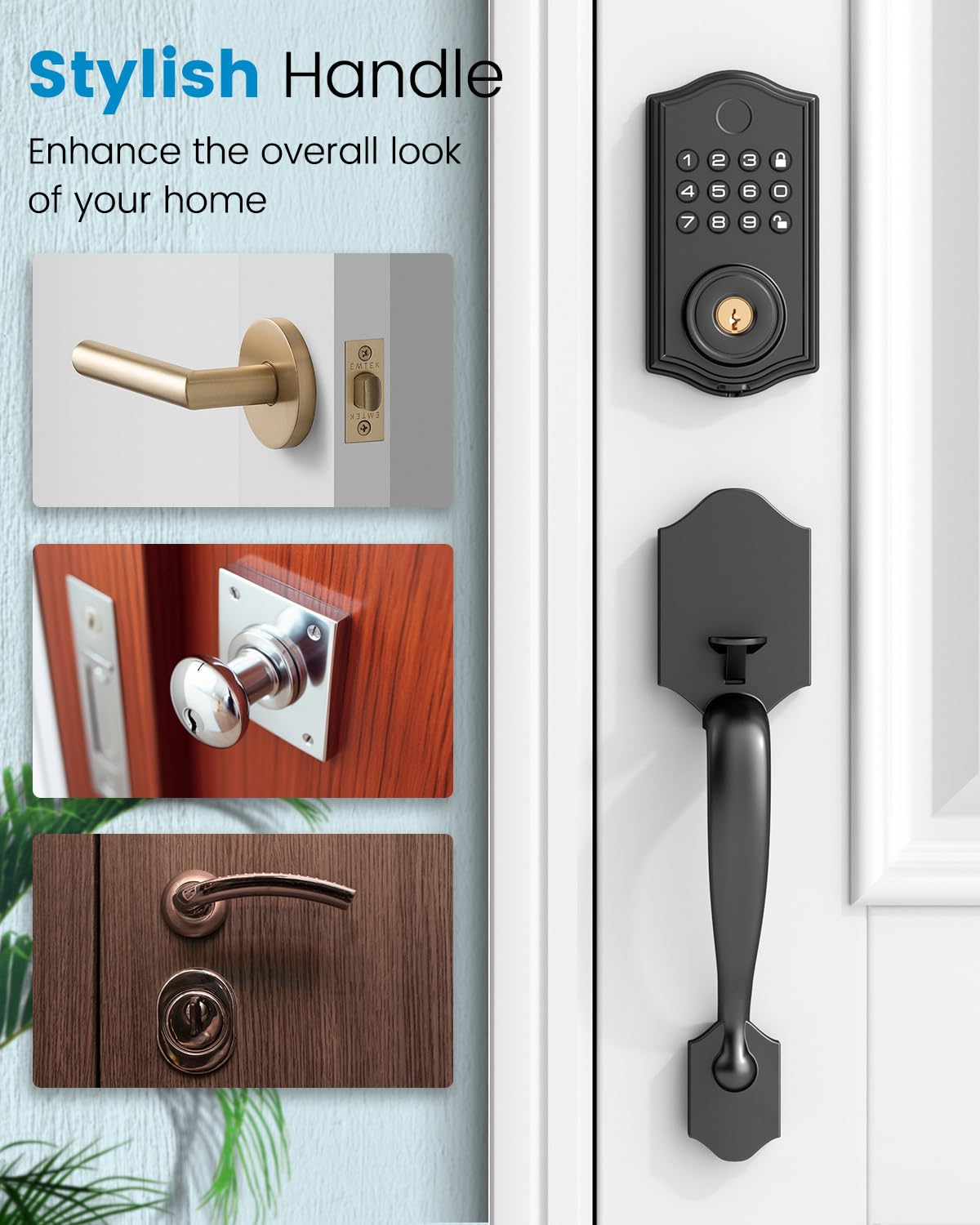 Smart Front Door Lock Set, APP Control Keyless Entry Door Lock with Handle, Smart Fingerprint Deadbolt, Anti-Peeping Electronic Keypad, Auto Lock, Easy Install, Black