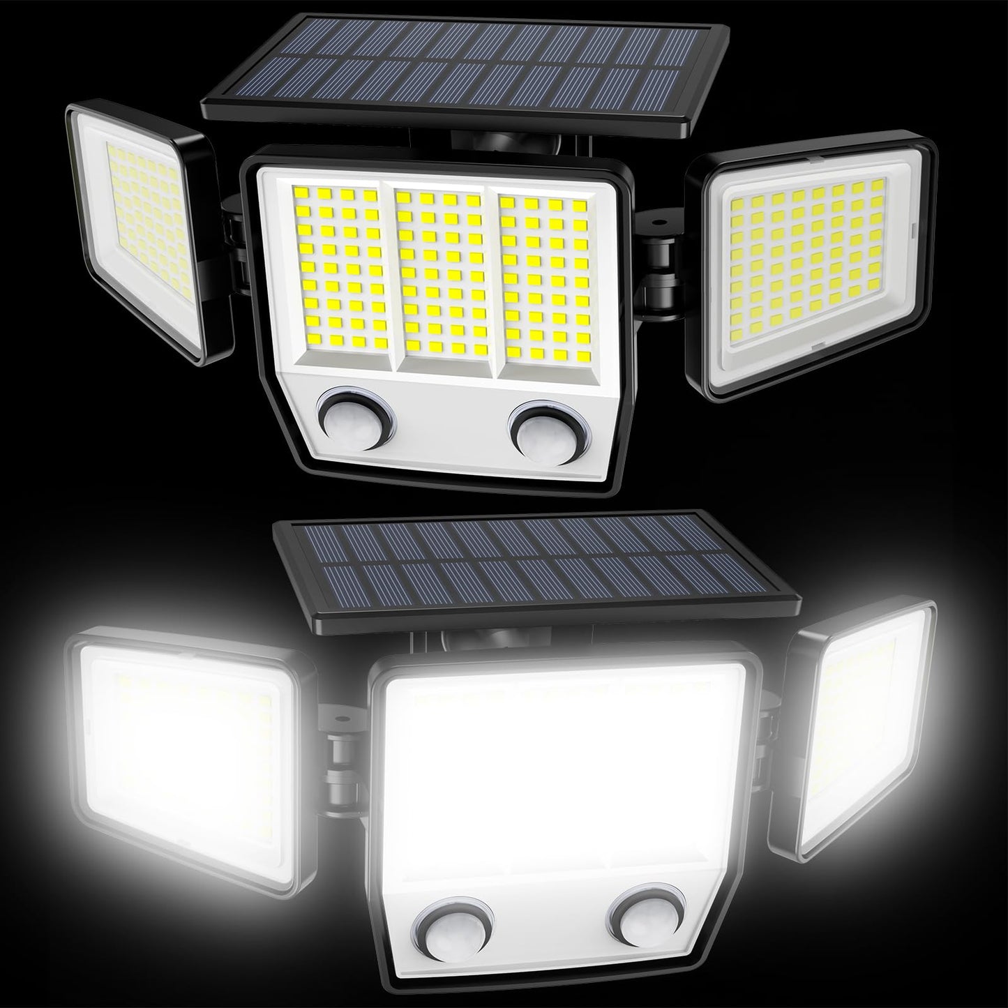Amiluo Solar Outdoor Lights, 6500K, 3000LM, 3 Heads, IP67 Waterproof, 2 Pack, White, Model AXWSWL04-003