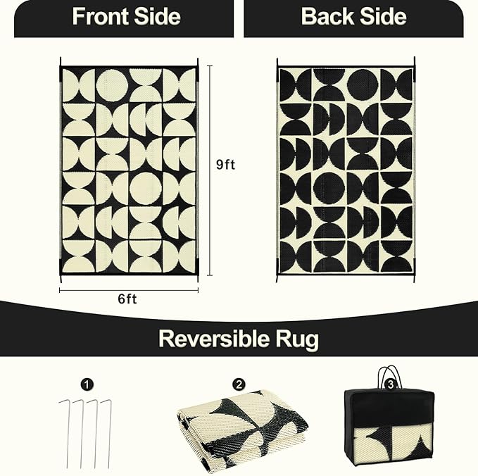 Wonnitar Outdoor Rug 6x9 Waterproof for Patio, Reversible Outdoor Plastic Straw Rug Large Portable RV Camping Rug, Geometric Outside Area Rug for Backyard Balcony Garden (Black & Beige,6'x9')