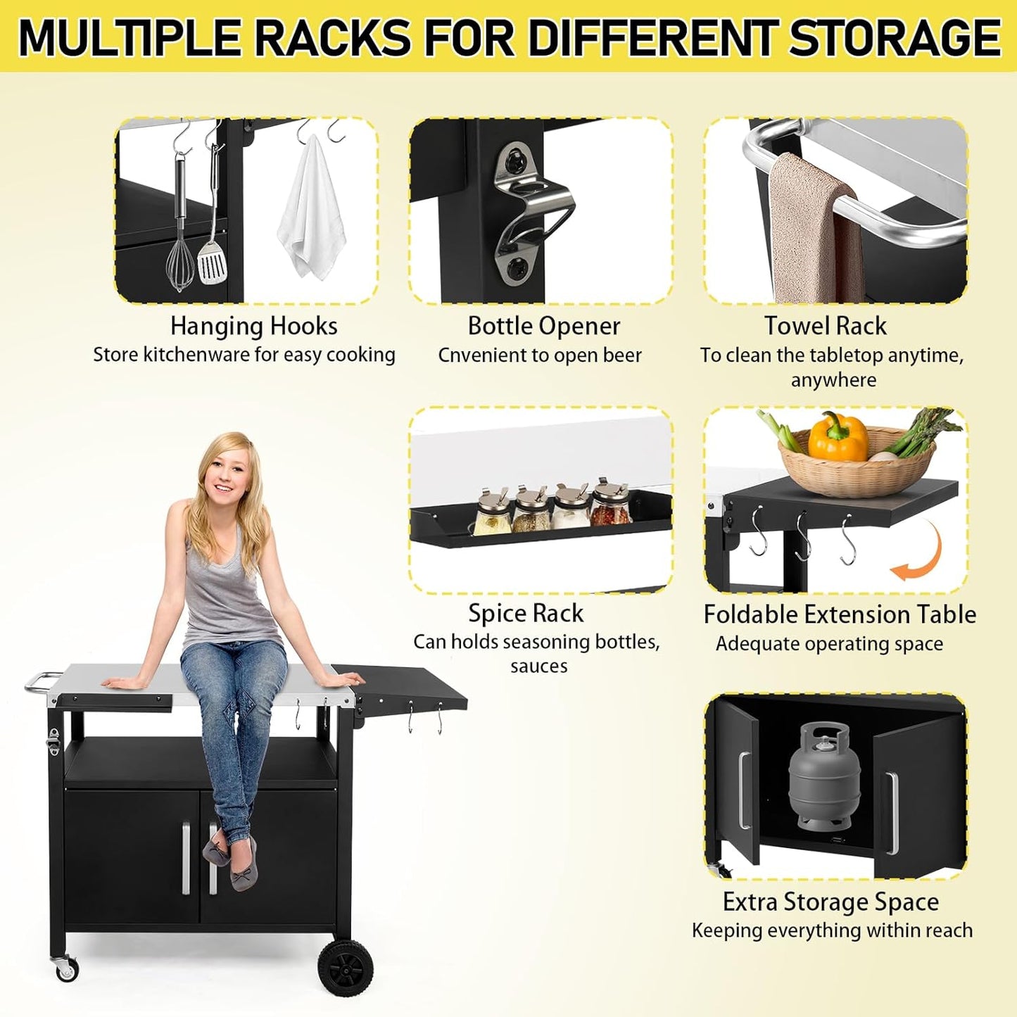 Outvita Outdoor Grill Cart with Storage, Bar Patio Kitchen Island Outdoor Grill Table, BBQ Cart Movable Pizza Oven Table Stand with Wheels, Stainless Steel Top, Side Handle & Storage Cabinet, Foldable