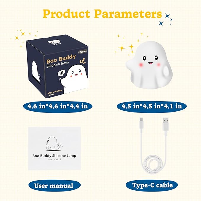 Ghost Night Light for Kids, Cute Nursery Lamp with 19 Interactive Sounds & 3 Light Modes & 30-Min Timer, Rechargeable Silicone Touch Nightlight for Halloween Decor Bedroom (White Ghost)