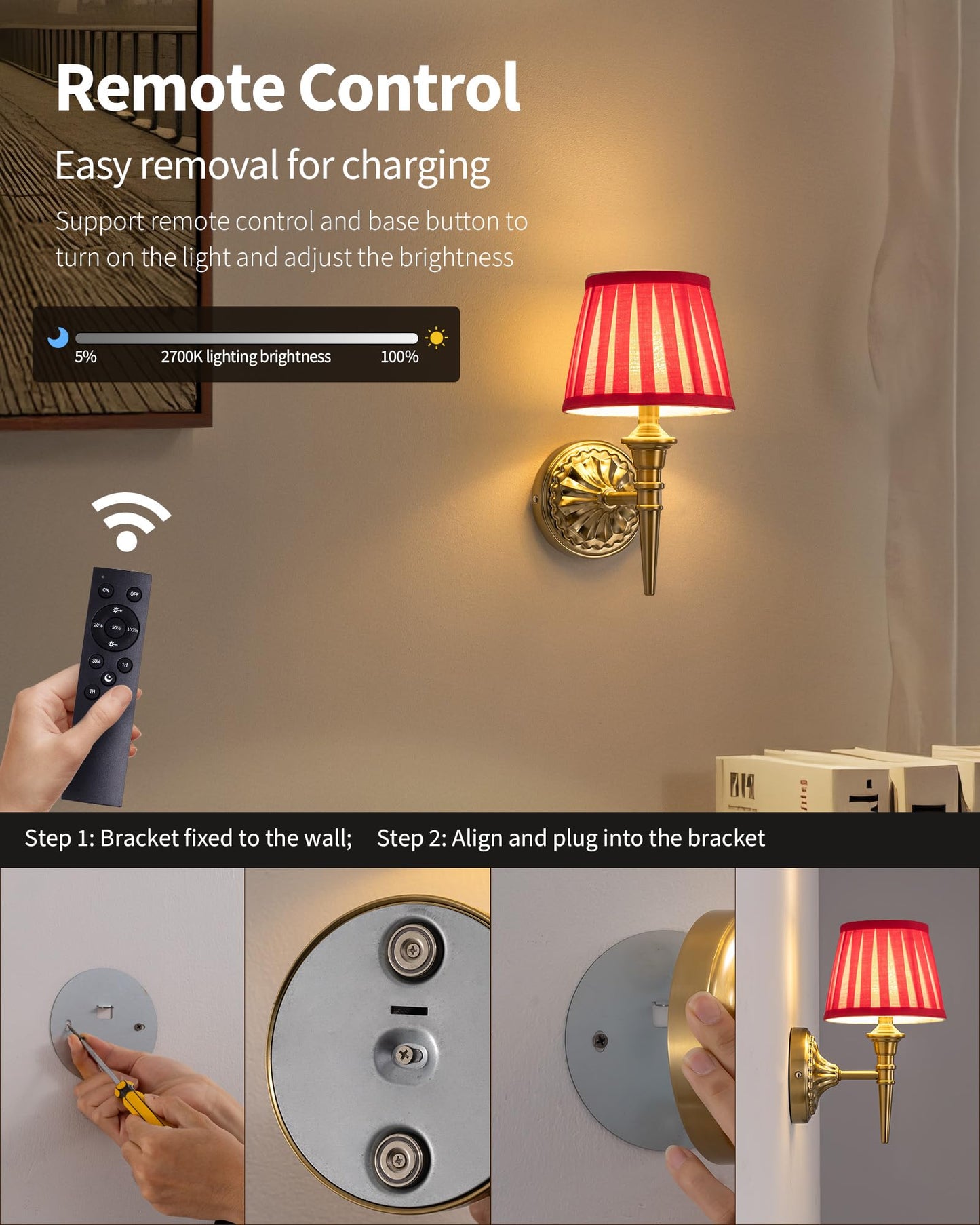 Kdg Cordless Wall Sconces Set Of 2  Small Wireless 5200Mah Rechargeable Battery Fabric Led Wall Lamps  Portables Lightings For Wall discomfort-reducingting  Living Room  Bedroom  Hallway  Gifts  Night Light (Red)