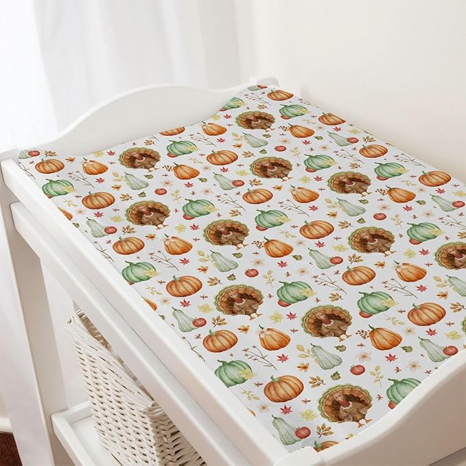 Thanksgiving Turkey Pumpkins Baby Changing Pad Covers for Boy Girl 32''x16'' Fall Turkey Maple Leaves Autumn Floral Fitted Change Table Mats Soft Breathable Nursery Diaper Changing Table Sheets