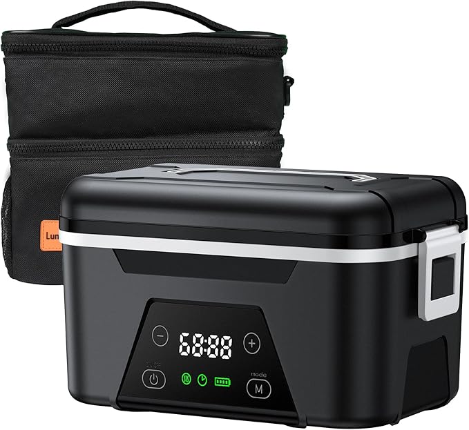 Cordless Heated Lunch Box for Adults, 1.5L (6 Cups) Portable Electric Lunch Box Battery Powered with Scheduled Heating, (All-round Heated) Rechargeable Food Warmer with Insulated Bag, Black