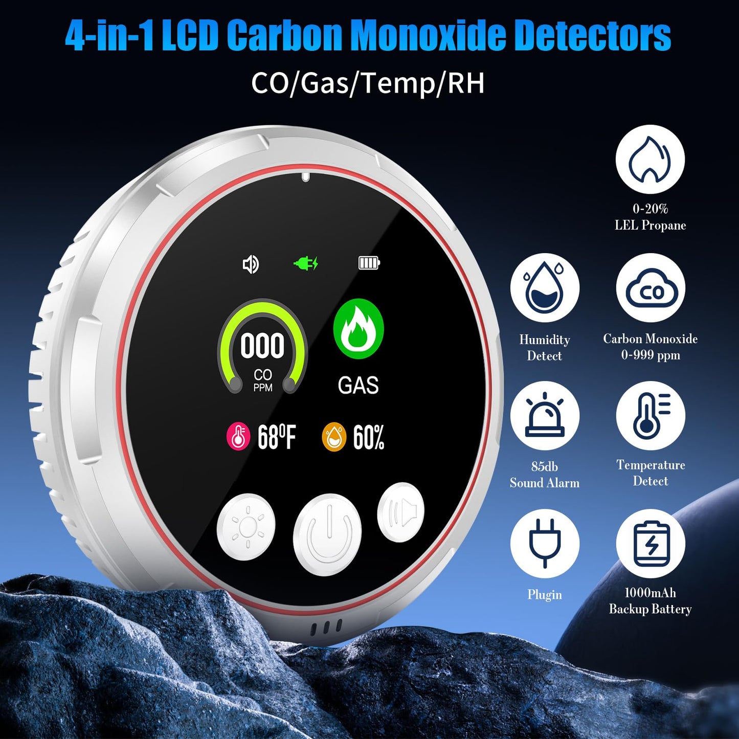 3 Pack 4-in-1 Carbon Monoxide Detectors &Natural Gas Leak Detector, Portable Carbon Monoxide Detectors Plug in & Battery Backup, HD Screen Display