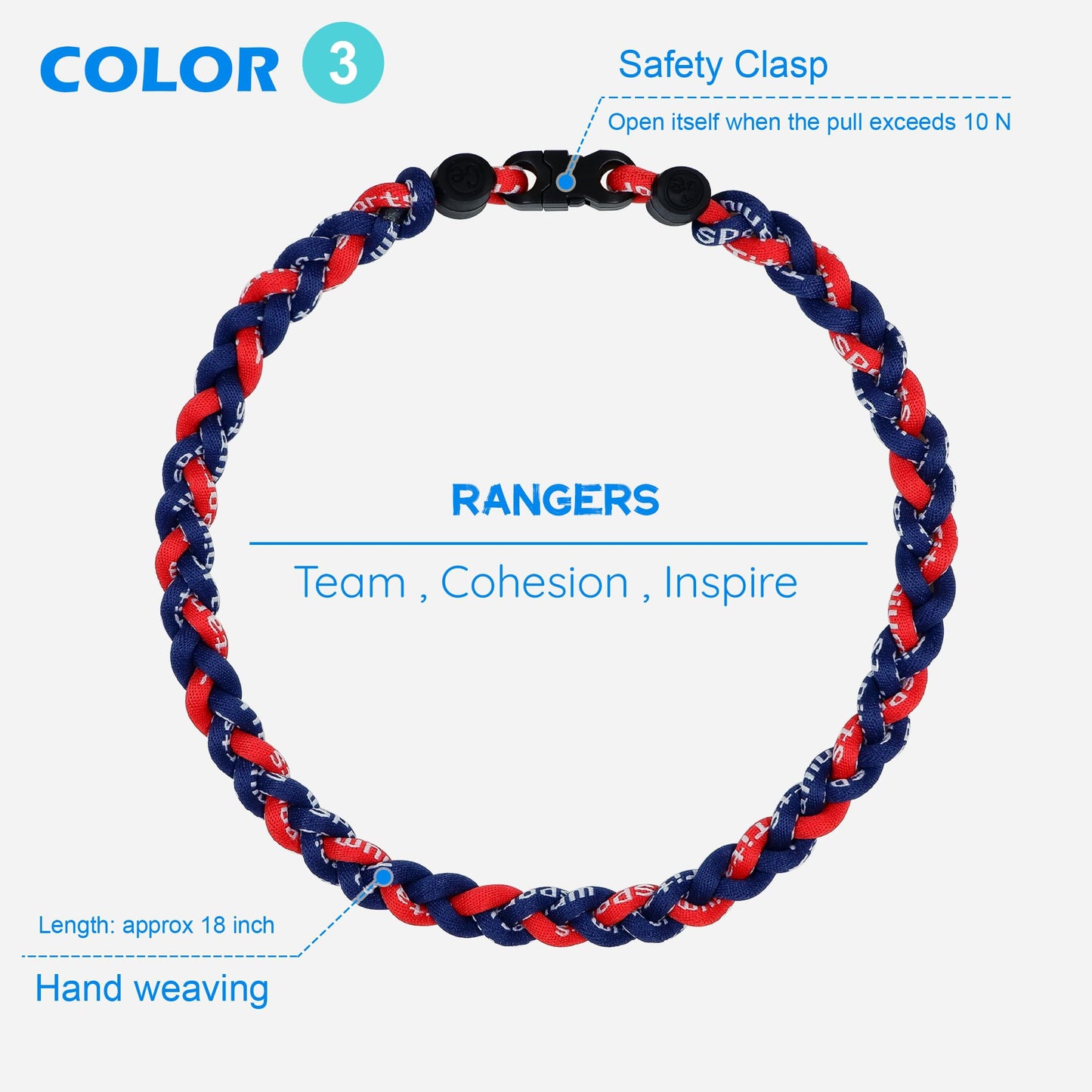 SUPBOMM 3 pcs Baseball Rope Necklaces, League Team Colors Braided Necklace, Baseball Team Gifts, Rangers