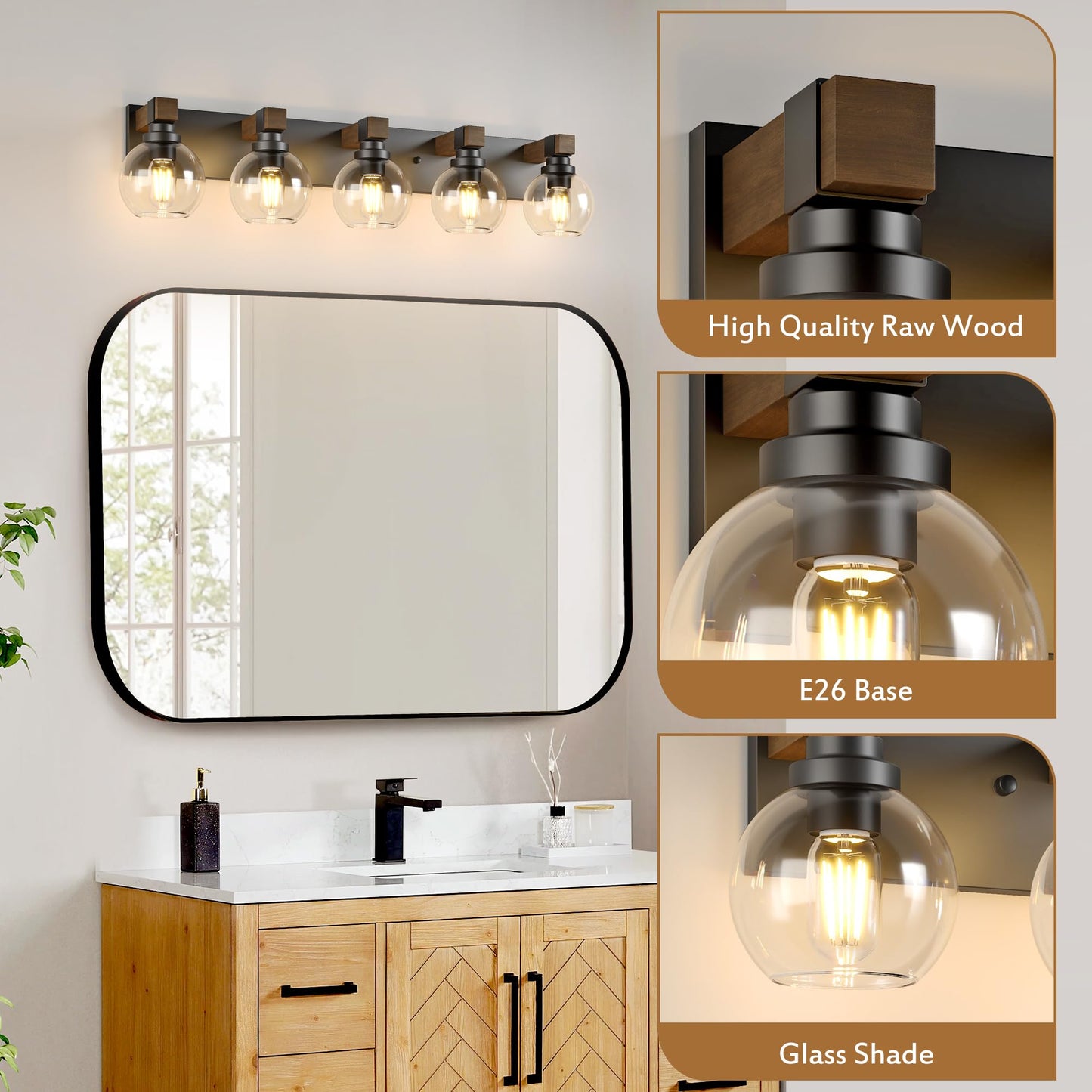 Farmhouse Bathroom Vanity Light Fixtures  5-Light Wood Bathroom Light Fixtures Over Mirror  Rustic Sconces Wall Lighting With Glass Shade For Living Room  Bedroom  Hallway