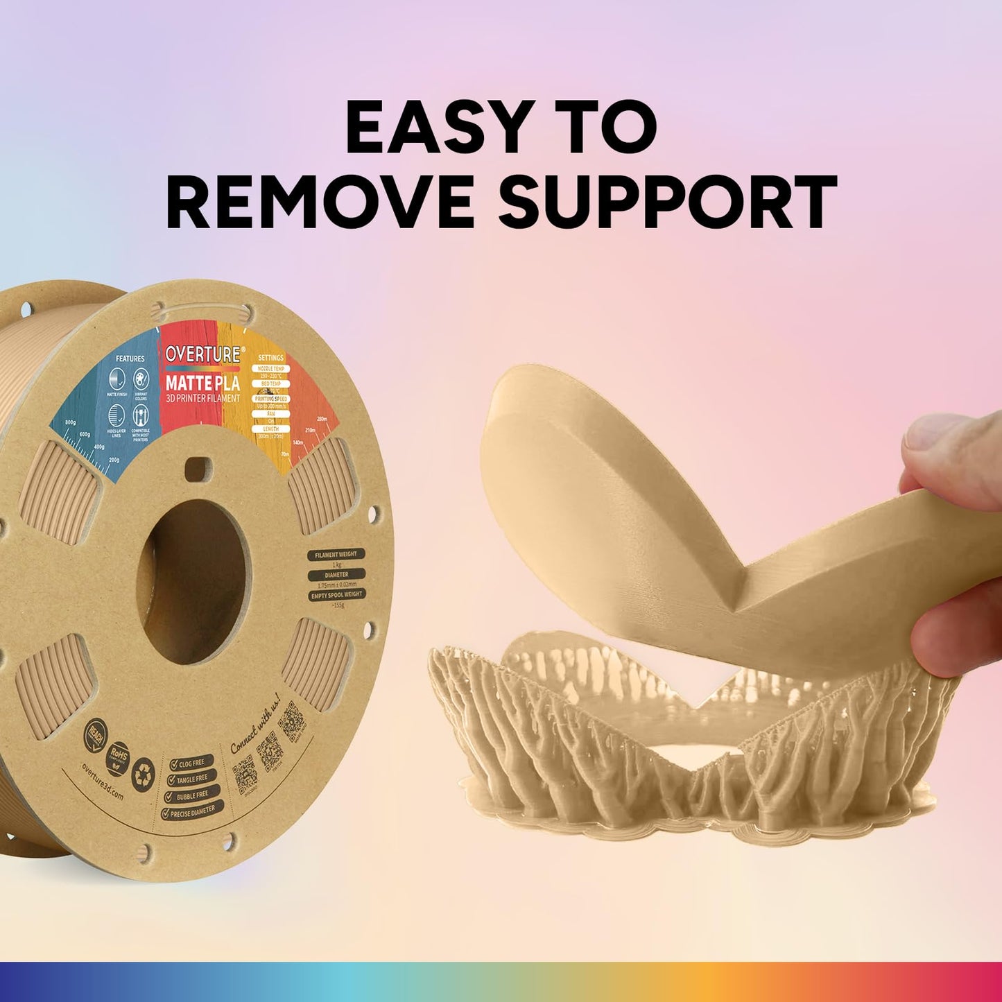 OVERTURE Matte PLA 3D Printer Filament 1.75mm, Matt Surface & Low Warping Filament 1kg Spool (2.2 lbs), Accuracy +/- 0.02 mm, Fit Most FDM Printers (Matte Light Brown)