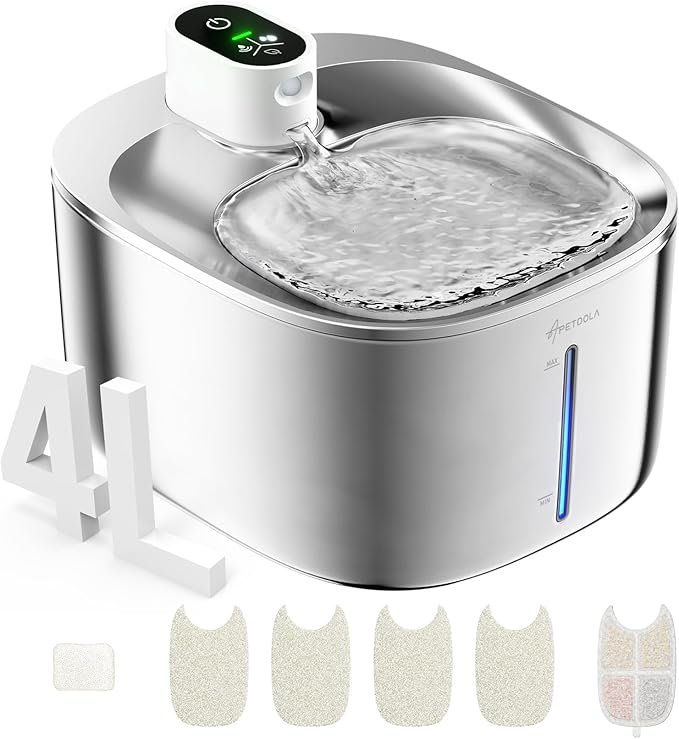 APD APETDOLA Wireless Cat Water Fountain Stainless Steel,135floz/4L Battery Operated Automatic Pet Fountain,Cordless Cat W...