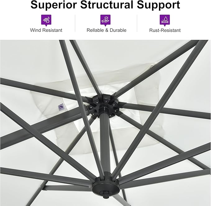 PURPLE LEAF 10 Feet Patio Umbrella with Base Outdoor Cantilever Round Umbrella Aluminum Offset Umbrella with 360-degree Rotation for Garden Deck Pool Patio Light White