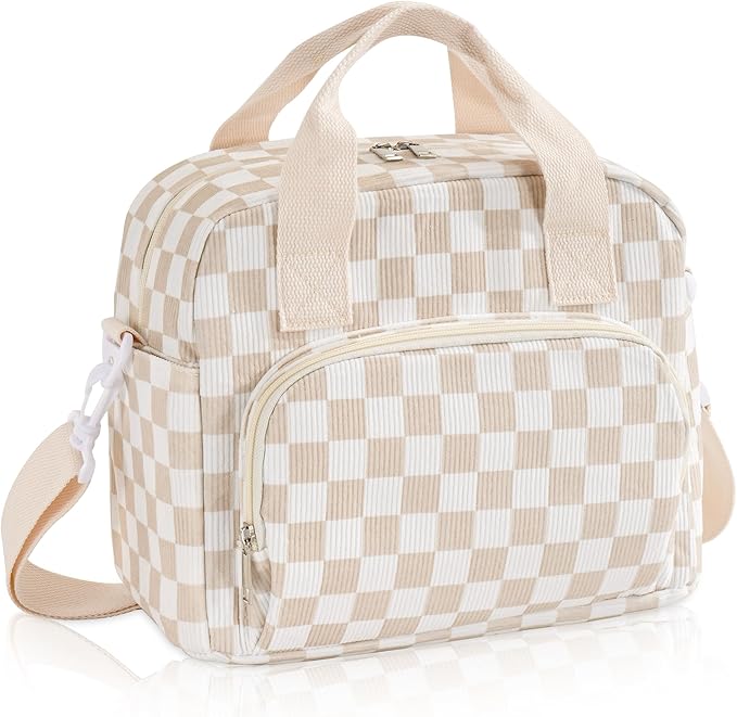 Large Lunch Bag for Women Insulated Lunch Box Reusable Cooler Bag Portable Cute Corduroy Leakproof Tote Bags for Travel, Work, and Picnic, Beige and White