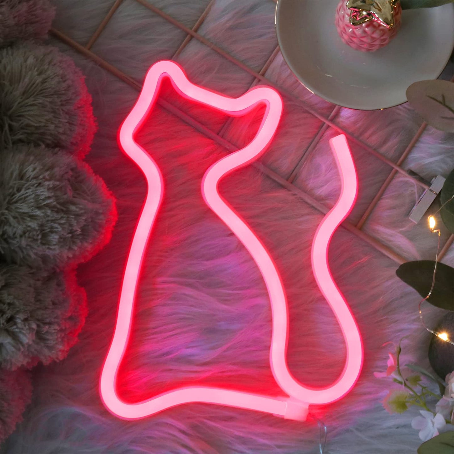 YAOZHOU LED Neon Sign - Red Cat Wall Decor, Battery/USB Operated, Plastic, Ideal for Home, Bar, Party, Kids Room