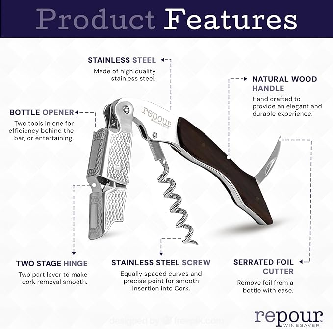 Repour Wine Essentials Combo Pack – Premium Corkscrew & Wine Saver | Manual Wine Key Removes Corks Easily, Wine Stopper Preserves Wine Easily|Perfect for Wine Lovers and Enthusiasts (Mahogany 10 Pack)