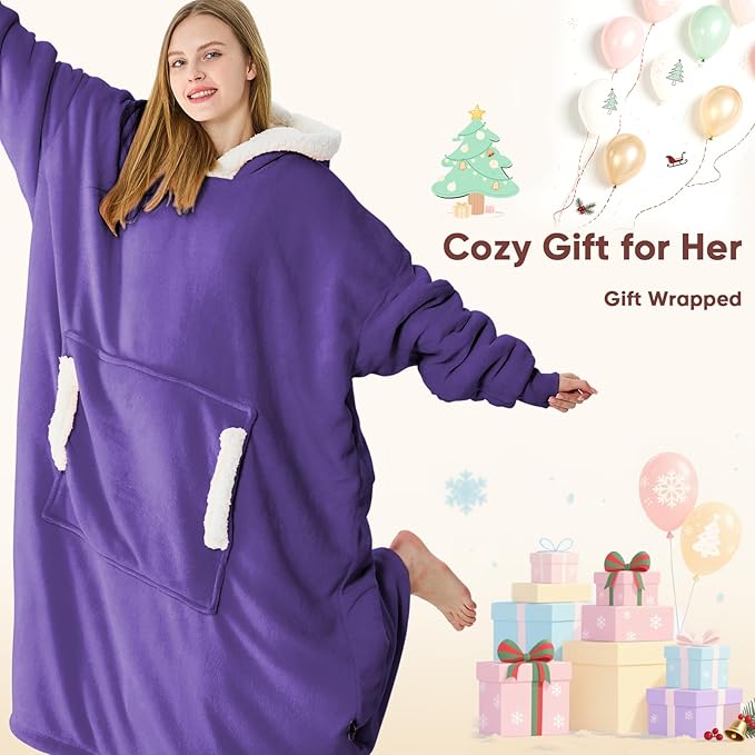 yescool Wearable Blanket Hoodie, Flannel Sherpa Fleece Blanket Sweatshirt for Adults Women Men,One Size Fits All