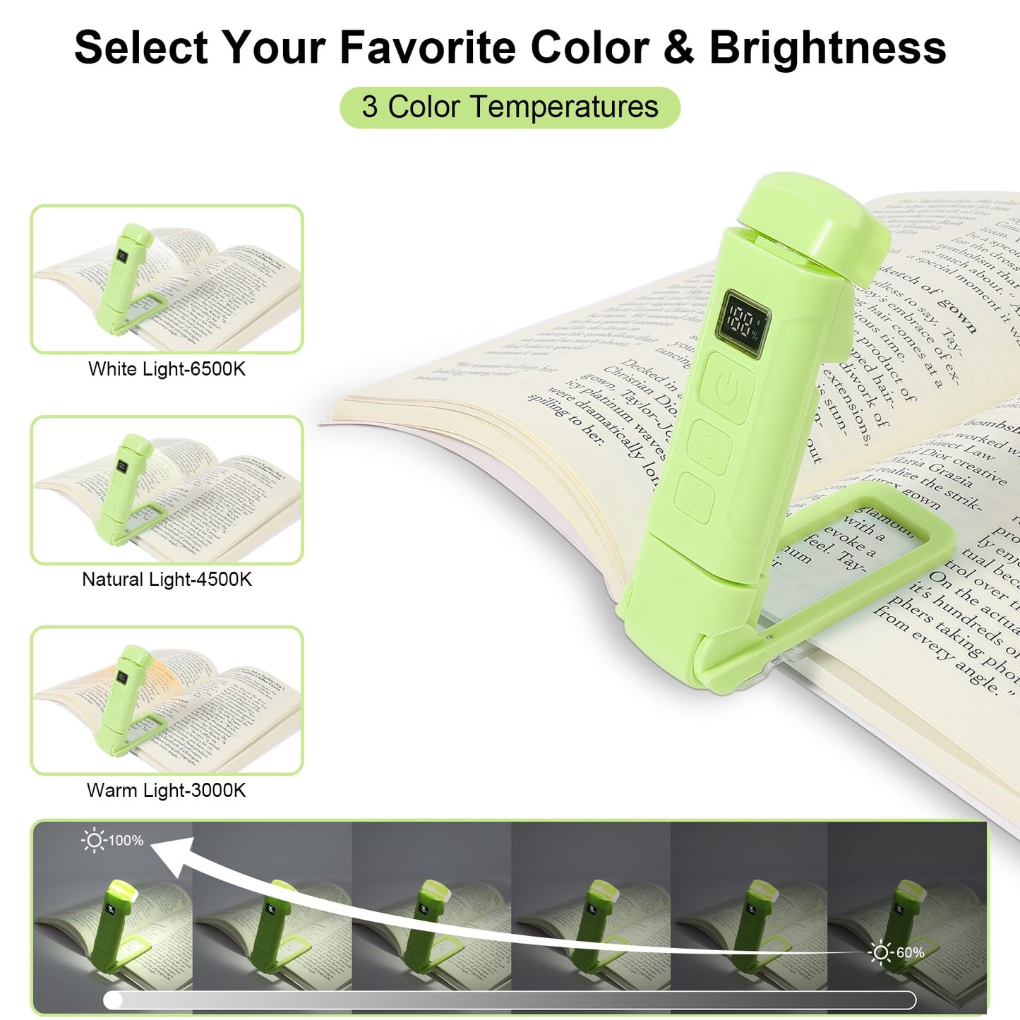 24 Led Rechargeable Book Light For Reading In Bed-Eye Caring 3 Color Temperatures 80 Hrs Runtime Lightweight Clip-On Lamp  Perfect For Kids  Book Lovers  And Student Gift (Green  Digital-Timer)