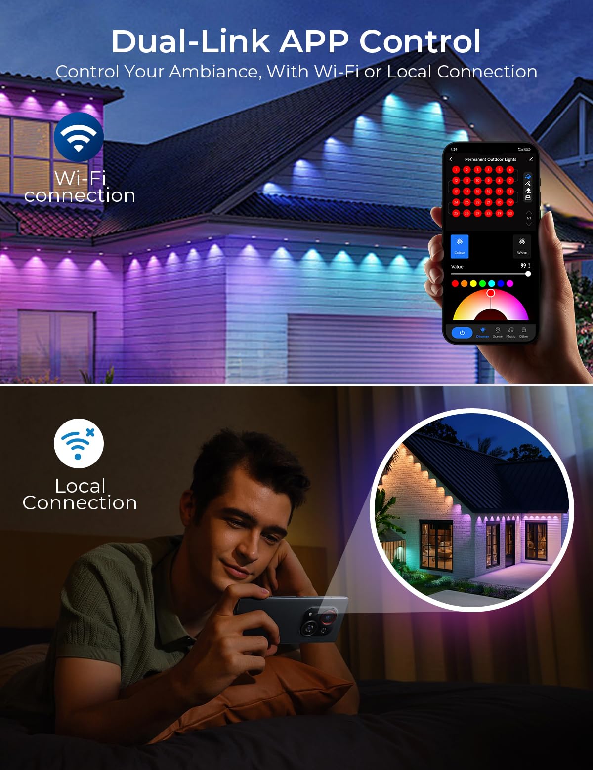Cinoton Permanent Outdoor Lights Pro 100Ft  Smart Rgbcw Eaves Lights With 60 Leds  Ip67 Waterproof  111 Scene Modes For Daily And Festival  Halloween Christmas Holiday Decor  App/Voice/Remote Control